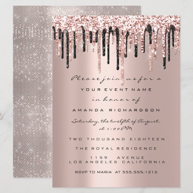 Invitación Rosa de Drips Cumpleaños Ducha de novia Dulce 16 C (Anverso / Reverso)