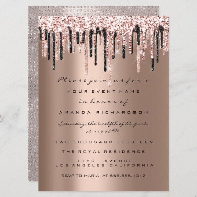 Invitación Rosa de Drips Cumpleaños Ducha de novia Dulce 16 C (Anverso / Reverso)