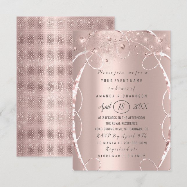 Invitación Rosa de ducha de novia Confetti de oro Dulce 16 (Anverso / Reverso)