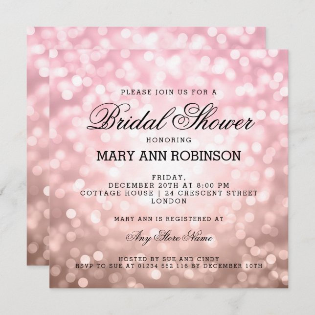 Invitación Rosa de ducha de novia Luces de Purpurina rosa Rub (Anverso / Reverso)