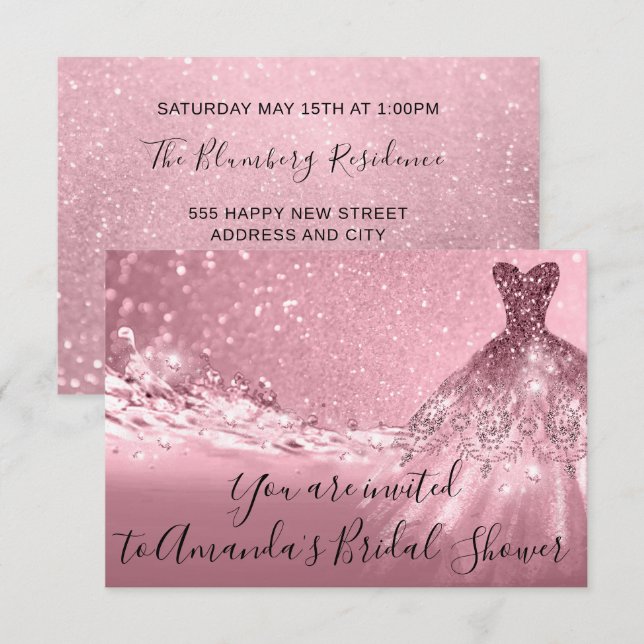 Invitación Rosa de ducha de novia vestido rosa Purpurina Océa (Anverso / Reverso)