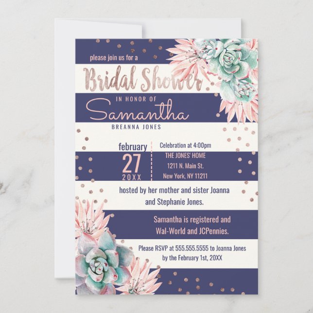 Invitación Rosa de ducha de novias con rayas de la marina de  (Anverso)