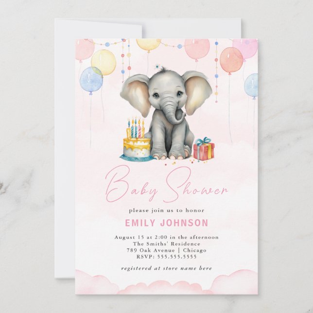 Invitación rosa de Elephant Baby Shower (Anverso)