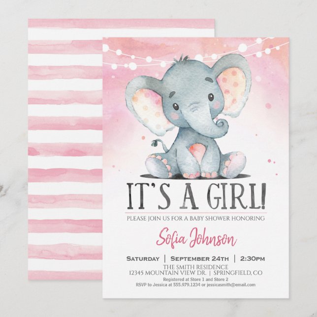 Invitación rosa de Elephant Baby Shower chica (Anverso / Reverso)