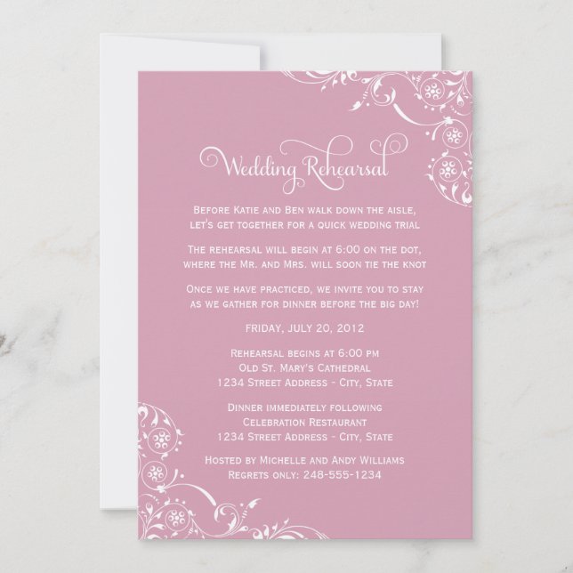 Invitación Rosa de época Boda rosa ensayo y cena (Anverso)