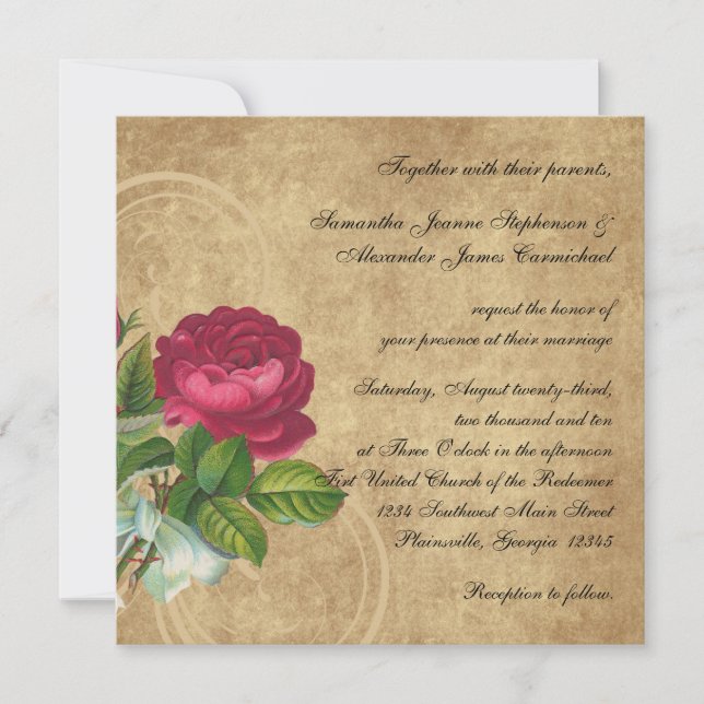 Invitación Rosa de época elegante, magenta/marrón (Anverso)