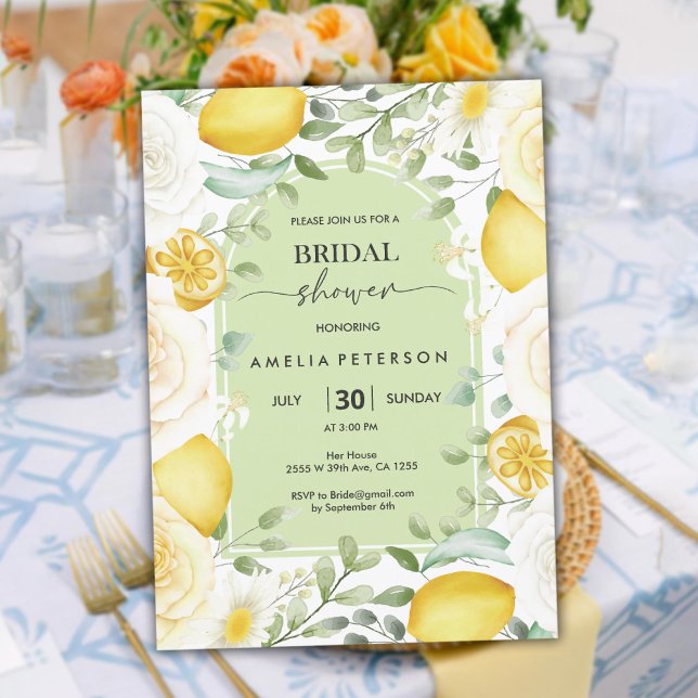 Invitación Rosa de escritura árabe y ducha de novia con tema  (Arch Script Rose & Lemon Themed Bridal Shower Invitation)