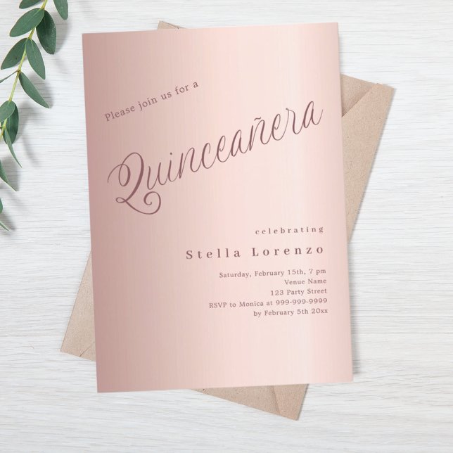 Invitación Rosa de escritura dorada elegante Quinceanera (Subido por el creador)