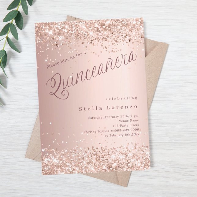 Invitación Rosa de escritura dorada elegante Quinceanera (Subido por el creador)