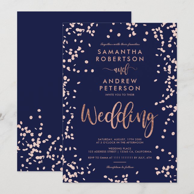 Invitación Rosa de escritura moderna oro confetti boda azul m (Anverso / Reverso)