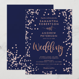 Invitación Rosa de escritura moderna oro confetti boda azul m