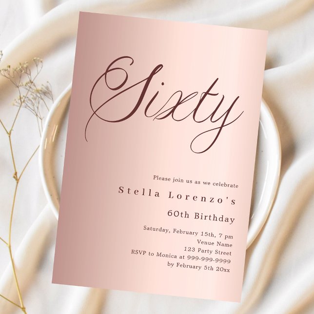 Invitación Rosa de escritura oro simple lujo de cumpleaños 60 (Subido por el creador)