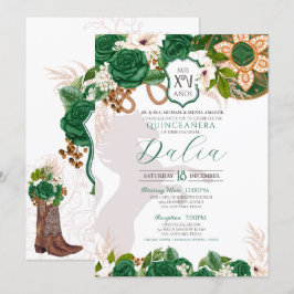 Invitación Rosa de Escudo floral verde esmeralda Charro Quinc