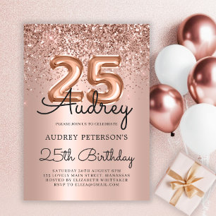 Invitación Rosa de espuma Purpurina Globo de oro 25 cumpleaño
