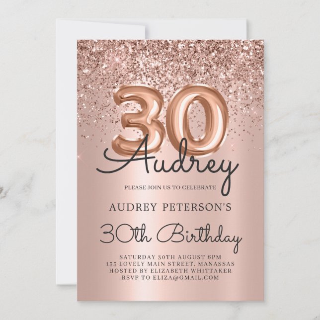 Invitación Rosa de espuma Purpurina Globo de oro 30 cumpleaño (Anverso)