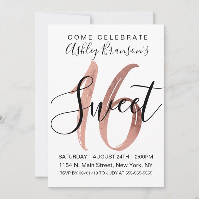 Invitación Rosa  de Faux Blanco Girly Relieve metalizado dora (Anverso)