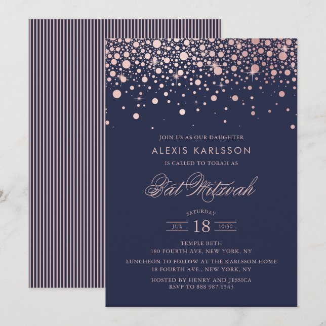 Invitación Rosa de Faux Relieve metalizado dorado Confetti Bl (Anverso / Reverso)