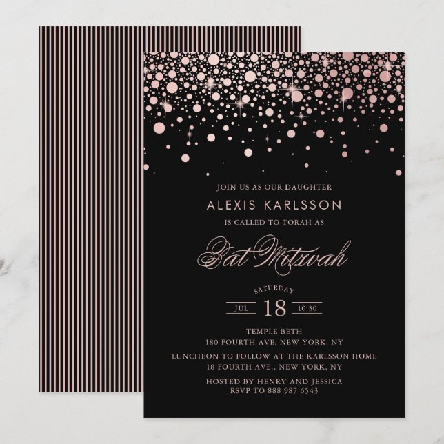 Invitación Rosa de Faux Relieve metalizado dorado Confetti Bl (Anverso / Reverso)