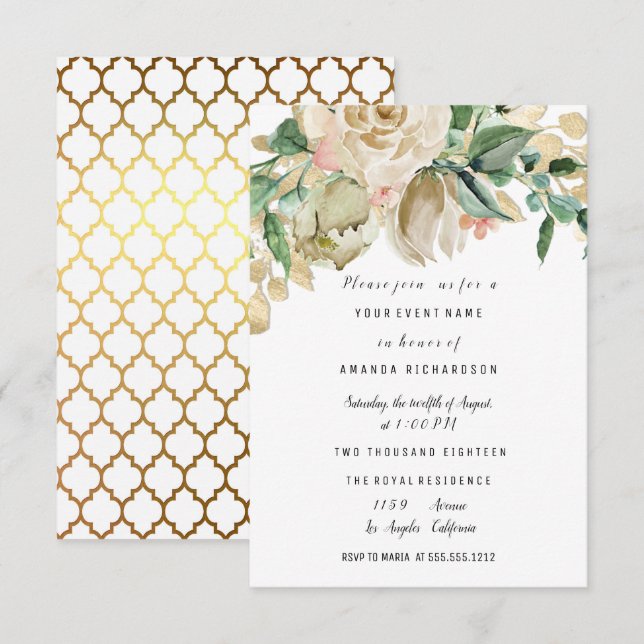 Invitación Rosa de fiesta de cumpleaños de boda Floral pintad (Anverso / Reverso)
