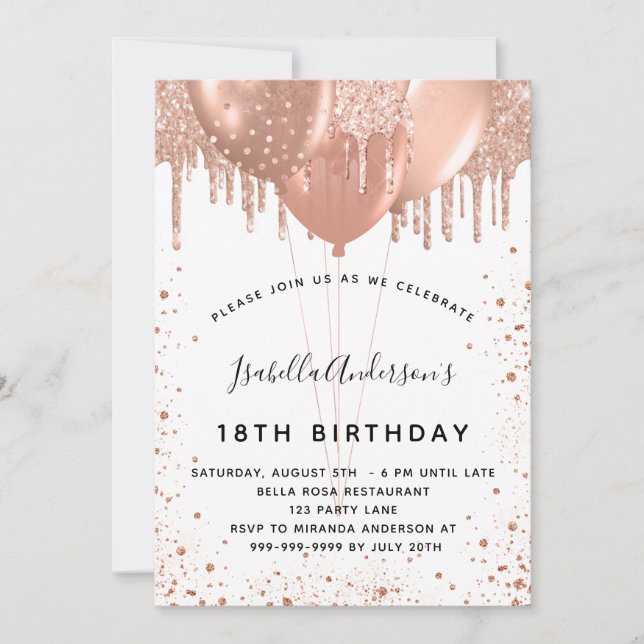 Invitación Rosa de fiesta de cumpleaños purpurina de oro polv (Anverso)