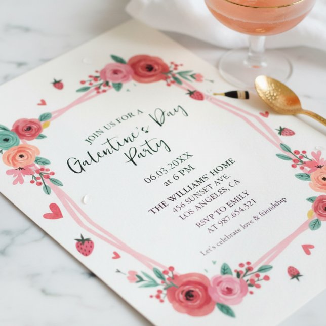 Invitación rosa de fiesta de Galentines Floral (Galentines Day Invitation)
