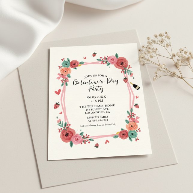 Invitación rosa de fiesta de Galentines Floral (Floral Party Invite)