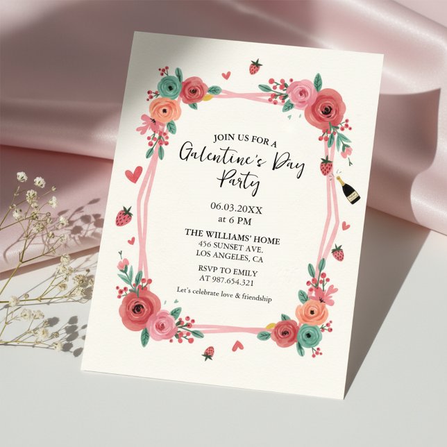 Invitación rosa de fiesta de Galentines Floral (Celebrate friendship with this elegant Galentine's Day party invitation)