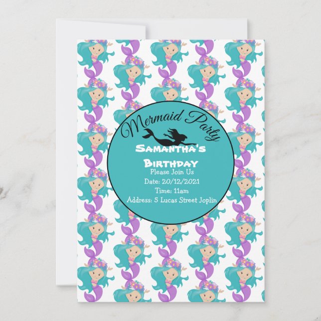 Invitación Rosa de Fiesta de Sirena Azul (Anverso)