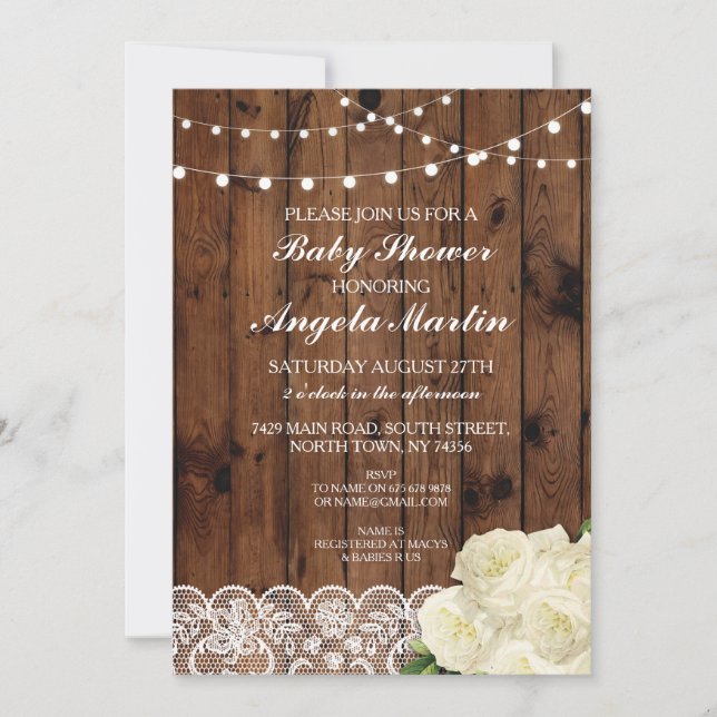 Invitación Rosa de Fiesta Rústico Lace Wood de Baby Shower (Anverso)