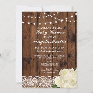 Invitación Rosa de Fiesta Rústico Lace Wood de Baby Shower
