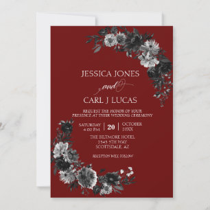 Invitación Rosa de flor de acuarela negra elegante gótica