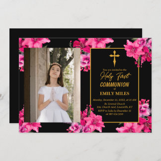 Invitación Rosa de flor pura elegancia primera comunión catól