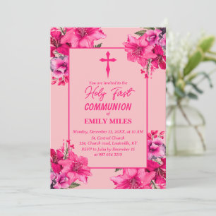 Invitación Rosa de flor pura elegancia primera comunión catól