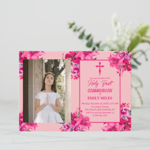 Invitación Rosa de flor pura elegancia primera comunión catól