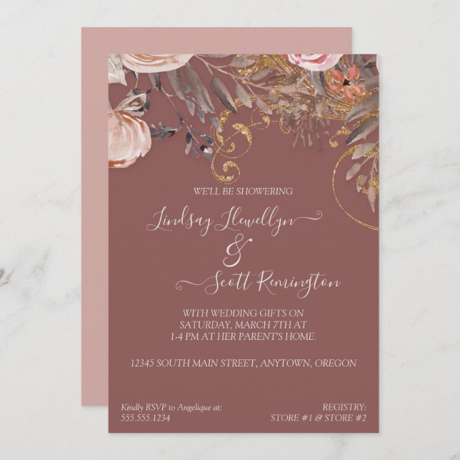 Invitación Rosa de flor seca Foliage Gold Boho Parejas Ducha (Anverso / Reverso)