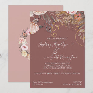 Invitación Rosa de flor seca Foliage Gold Boho Parejas Ducha