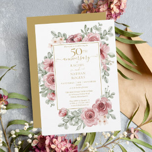 Invitación Rosa de Floral Dusty 50 Aniversario del Boda Dorad