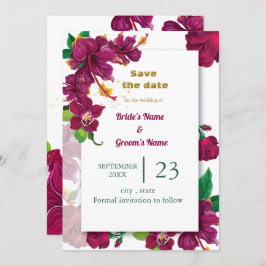 Invitación rosa de flores de hibiscus burdeos salva la fecha