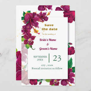 Invitación rosa de flores de hibiscus burdeos salva la fecha
