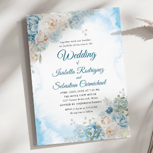 Invitación Rosa de flores de marfil azul húmedo Boda
