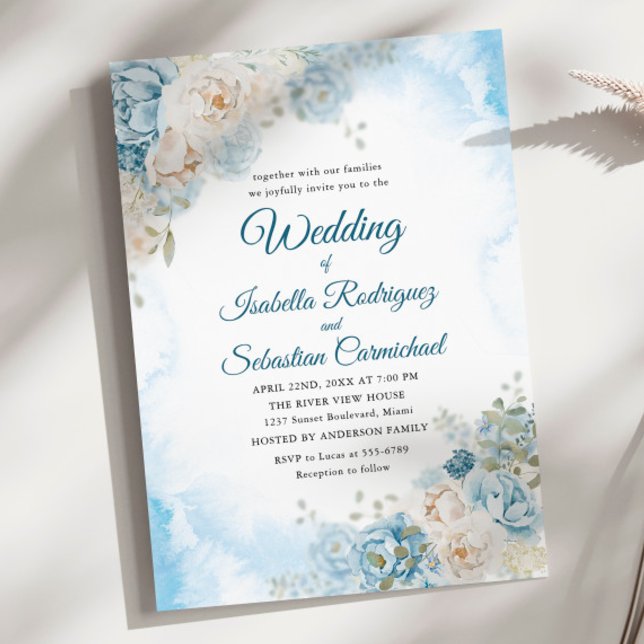 Invitación Rosa de flores de marfil azul húmedo Boda (Subido por el creador)