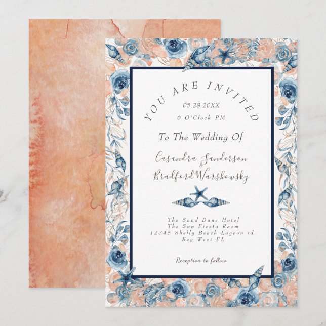Invitación Rosa De Flores Náuticas Bodas Beach Sea Shell (Anverso / Reverso)