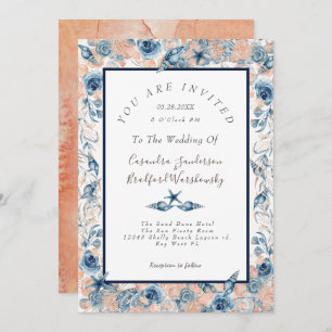 Invitación Rosa De Flores Náuticas Bodas Beach Sea Shell