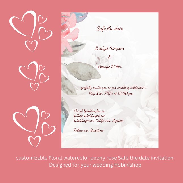 Invitación Rosa de flores silvestres de acuarela floral a sal (customizable Floral watercolor peony rose Safe the date invitation 
Designed for your wedding Hobini)