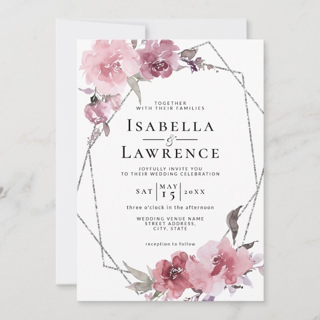 Invitación Rosa de flores turbias Boda de Relieve metalizado  (Anverso)