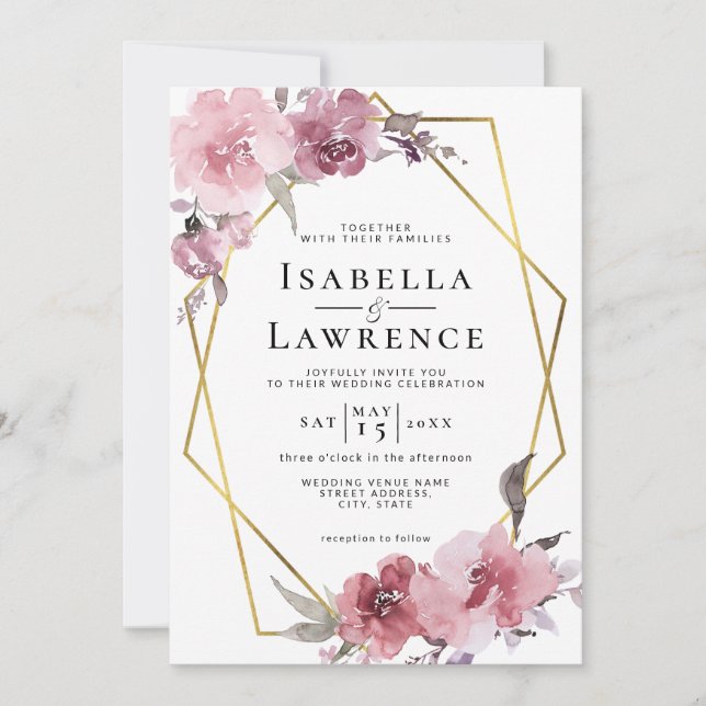 Invitación Rosa de flores turbias Boda de Relieve metalizado  (Anverso)