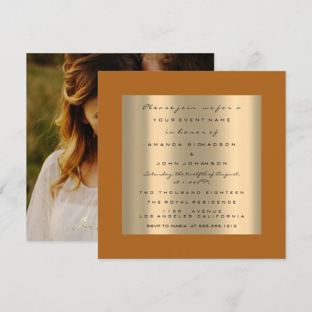 Invitación Rosa de foto Boda de compromiso Faux Gold Naranja (Anverso / Reverso)