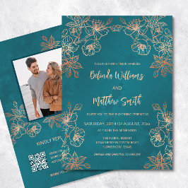 Invitación Rosa de foto Boda Verde azulado de oro