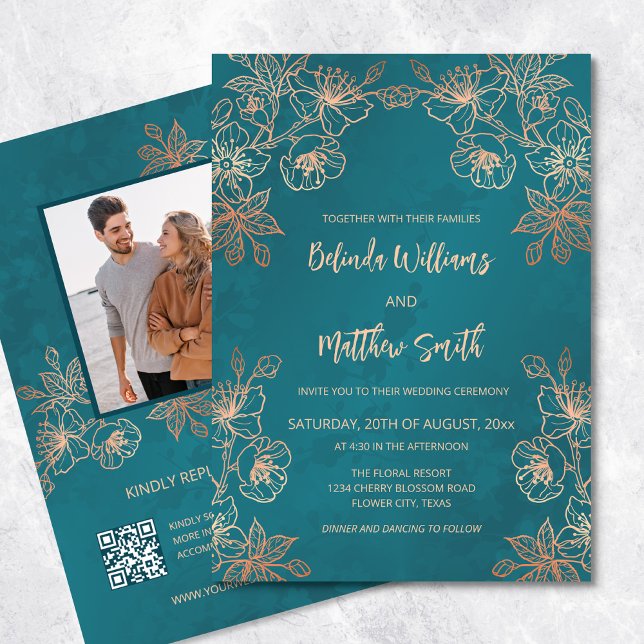 Invitación Rosa de foto Boda Verde azulado de oro (Subido por el creador)