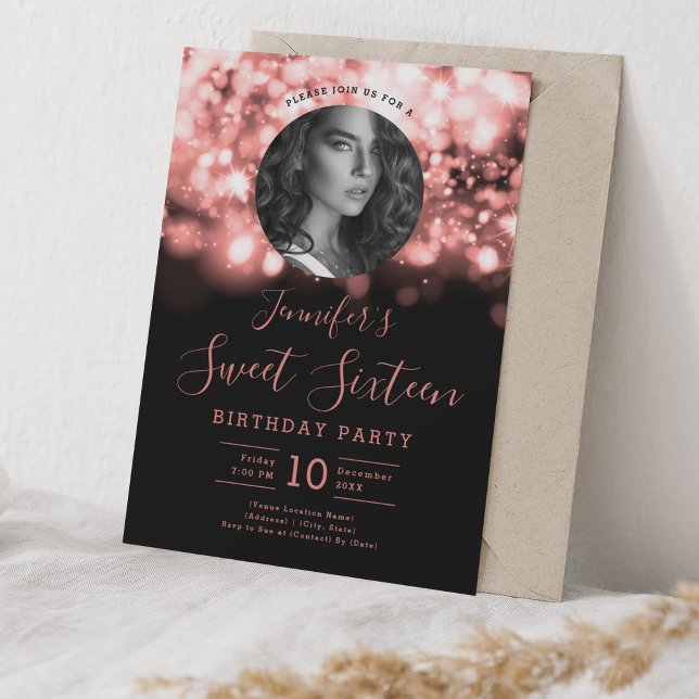 Invitación Rosa de FOTO Oro Hollywood Luces Dulce 16 Fiesta (PHOTO Rose Gold Hollywood Lights Sweet 16 Party Invitation)